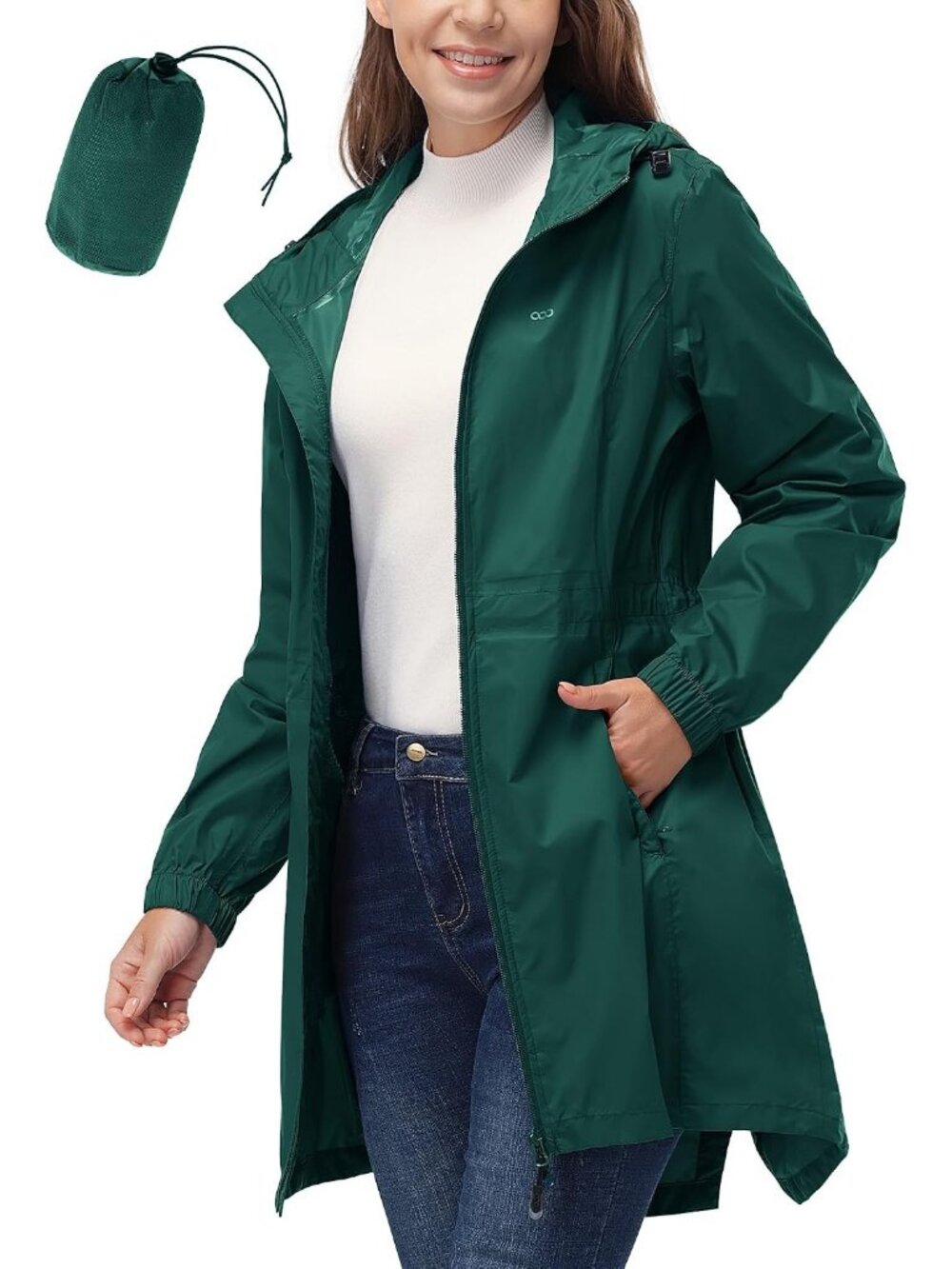 Women's Green Waterproof Long Coat Packable Breathable Rain Jacket with Hood